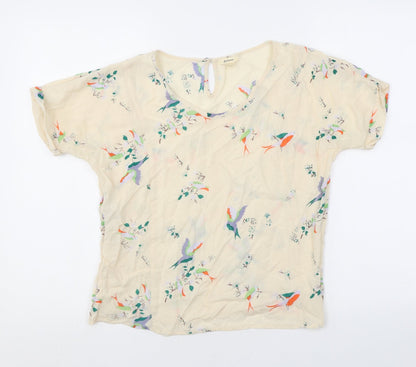 Bellerose Womens Beige Geometric Polyester Basic Blouse Size 14 Round Neck - Birds Flower Pattern