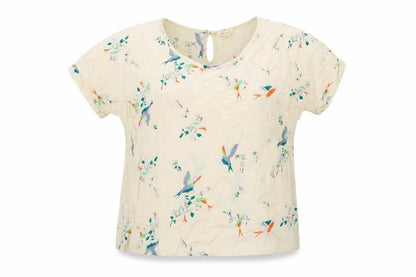 Bellerose Womens Beige Geometric Polyester Basic Blouse Size 14 Round Neck - Birds Flower Pattern