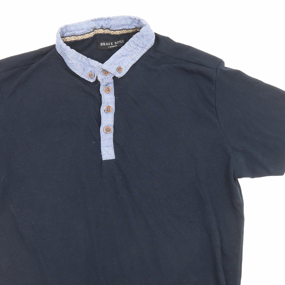 Brave Soul Mens Blue Polyester Polo Size S Collared Button