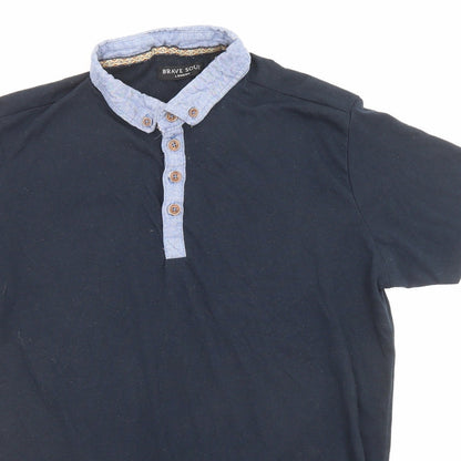 Brave Soul Mens Blue Polyester Polo Size S Collared Button