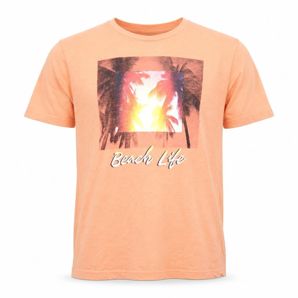 Front view of ACW85 men’s orange cotton t-shirt, size M, round neck - beach life, palm trees