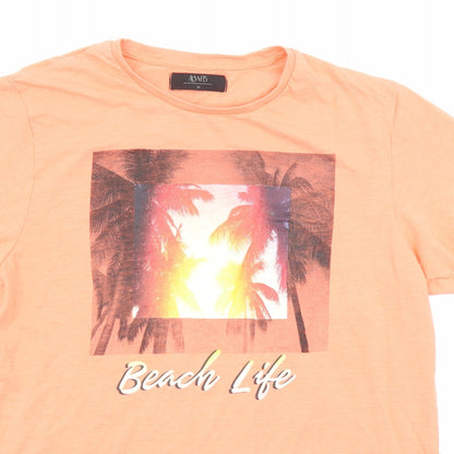 ACW85 Mens Orange Cotton T-Shirt Size M Round Neck - Beach Life, Palm Trees