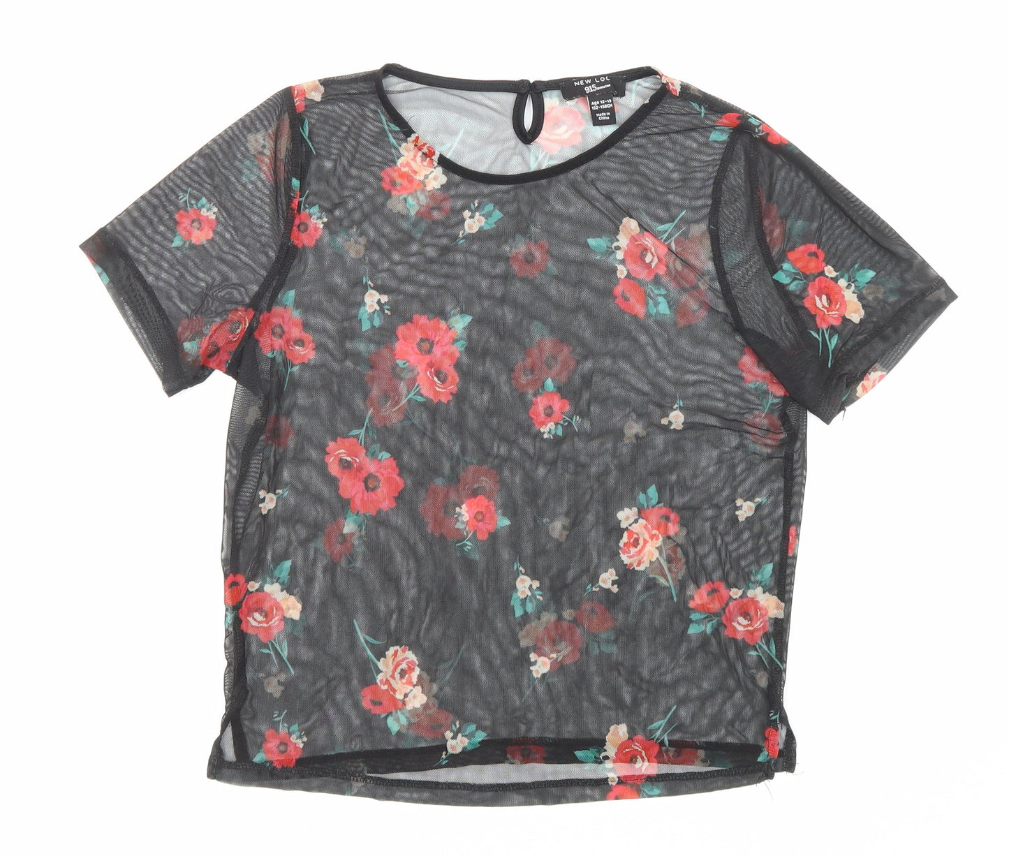 New Look Girls Black Polyester Basic T-Shirt Size 12-13 Years Boat Neck Button - Flowers