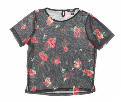 New Look Girls Black Polyester Basic T-Shirt Size 12-13 Years Boat Neck Button - Flowers