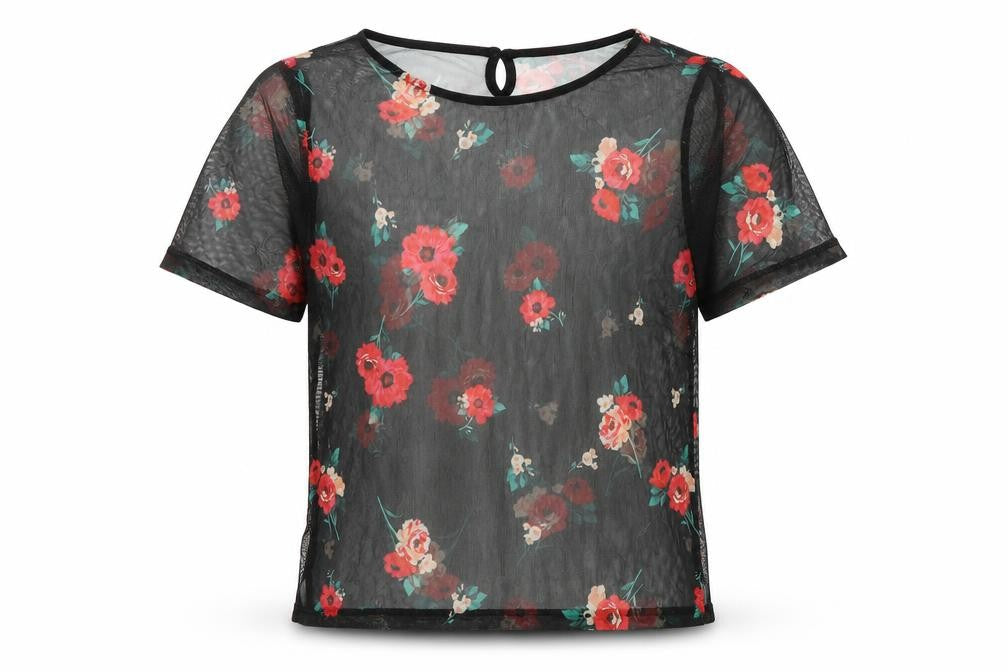Front view of New Look girls’ black polyester basic t-shirt, size 12-13, years boat neck button - flowers