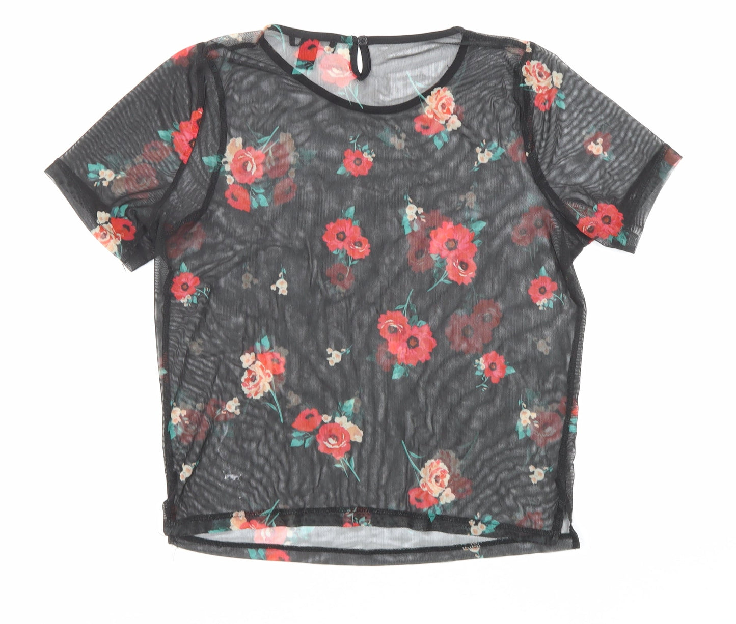 New Look Girls Black Polyester Basic T-Shirt Size 12-13 Years Boat Neck Button - Flowers