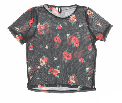 New Look Girls Black Polyester Basic T-Shirt Size 12-13 Years Boat Neck Button - Flowers