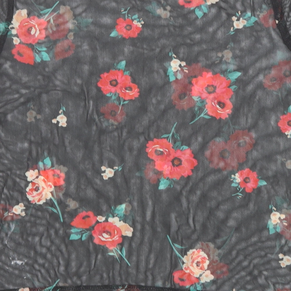 New Look Girls Black Polyester Basic T-Shirt Size 12-13 Years Boat Neck Button - Flowers