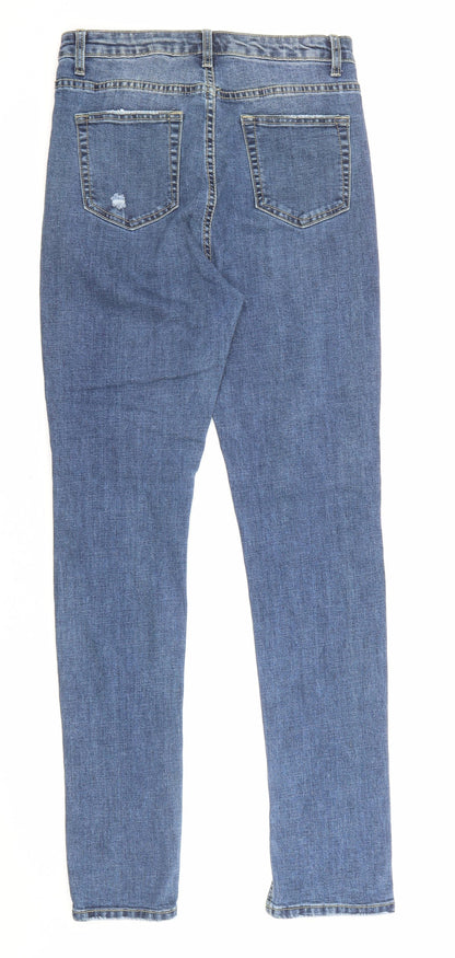 PRETTYLITTLETHING Womens Blue Cotton Straight Jeans Size 10 L30 in Regular Zip - Slit Leg