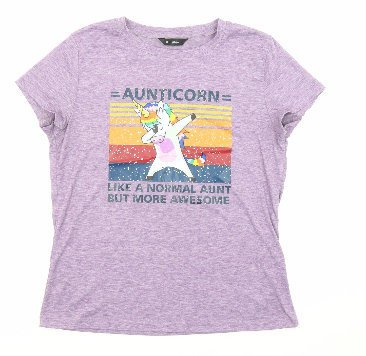 Soulmia Womens Purple Polyester Jersey T-Shirt Size S Roll Neck - Unicorn, Like a normal aunt but more awesome
