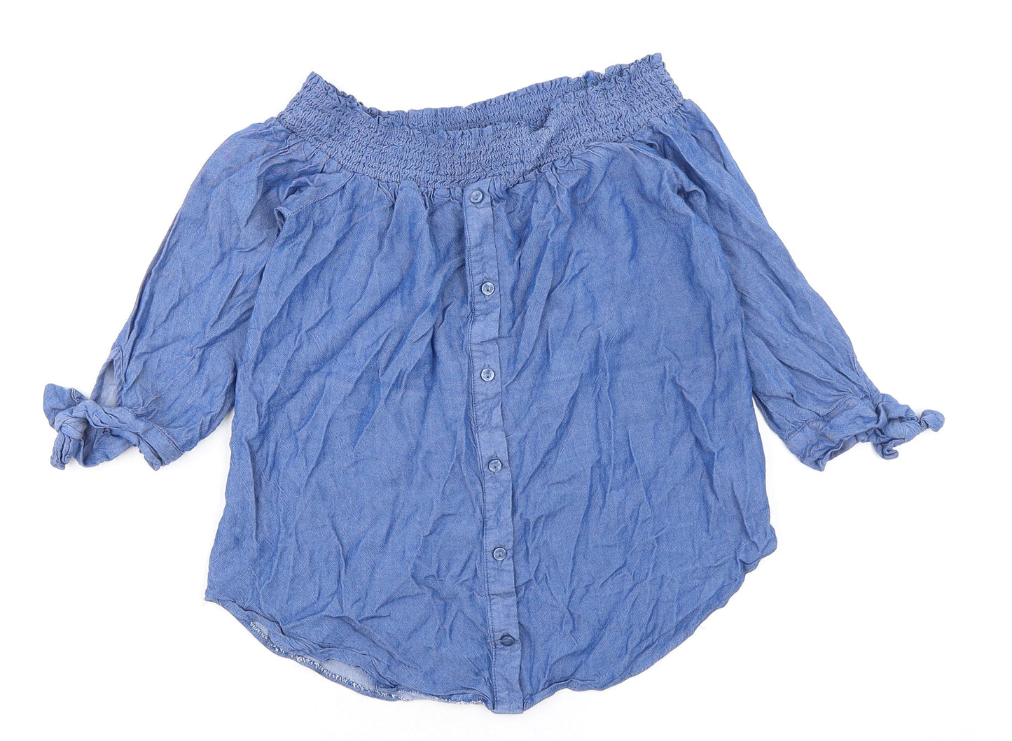 Miss Selfridge Womens Blue Viscose Basic Button-Up Size 8 Off the Shoulder - Tie sleeves