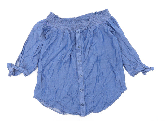 Miss Selfridge Womens Blue Viscose Basic Button-Up Size 8 Off the Shoulder - Tie sleeves