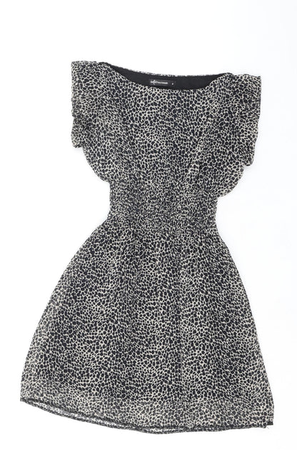 Internacionale Womens Black Animal Print Polyester Mini Size 8 Boat Neck Zip