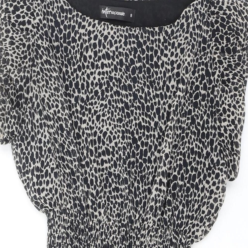 Internacionale Womens Black Animal Print Polyester Mini Size 8 Boat Neck Zip