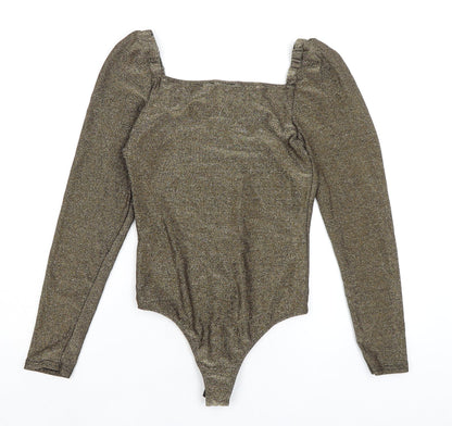 Vogue Womens Gold Nylon Bodysuit One-Piece Size L Snap - Sparkle