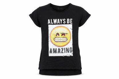 Front view of Bravado girls’ black vinyl basic t-shirt, size 11-12, years round neck pullover - reversible sequins