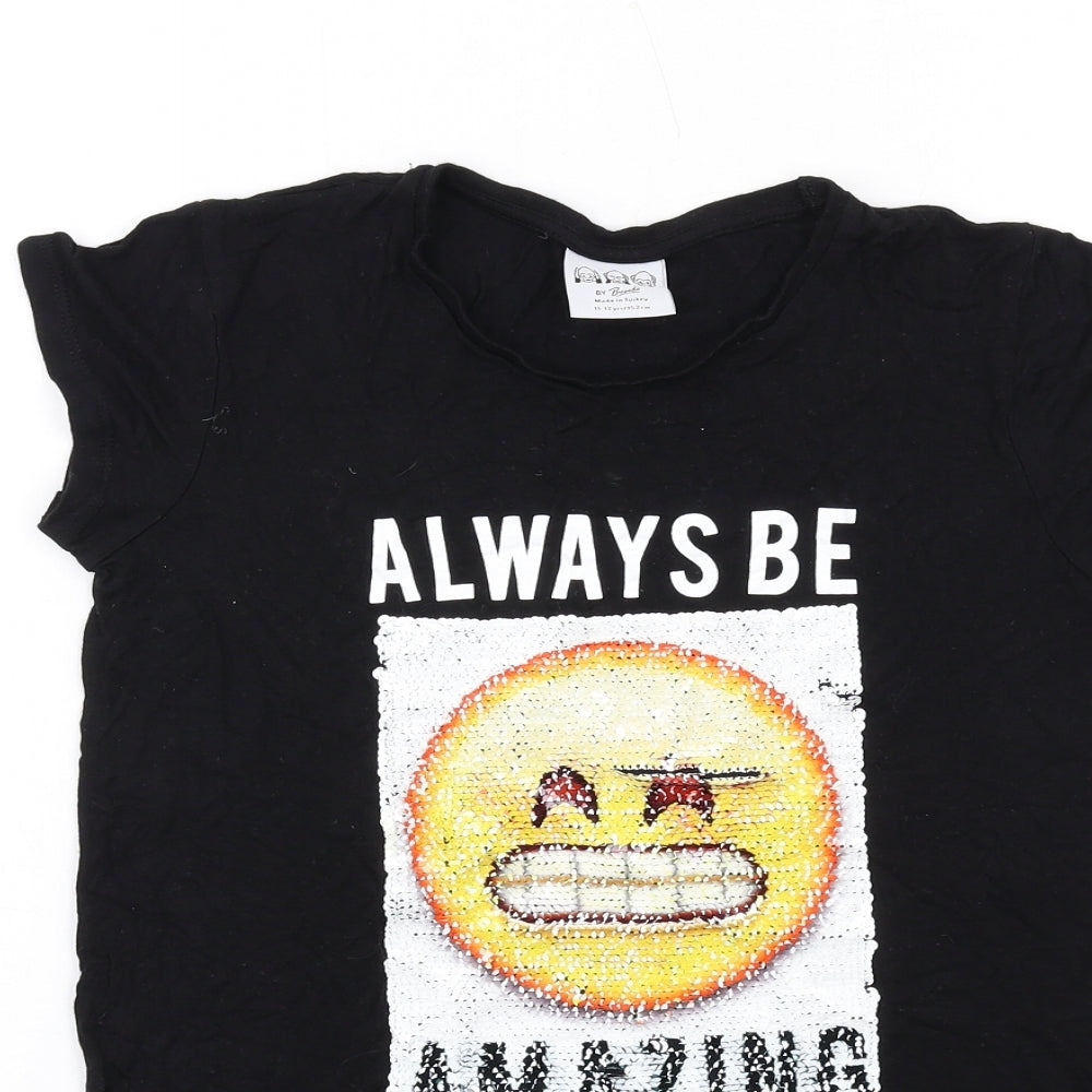 Bravado Girls Black Vinyl Basic T-Shirt Size 11-12 Years Round Neck Pullover - Reversible Sequins