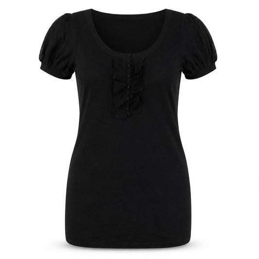 Front view of Kaliko women’s black silk bodycon, size UK 10, scoop neck pullover - ruffle