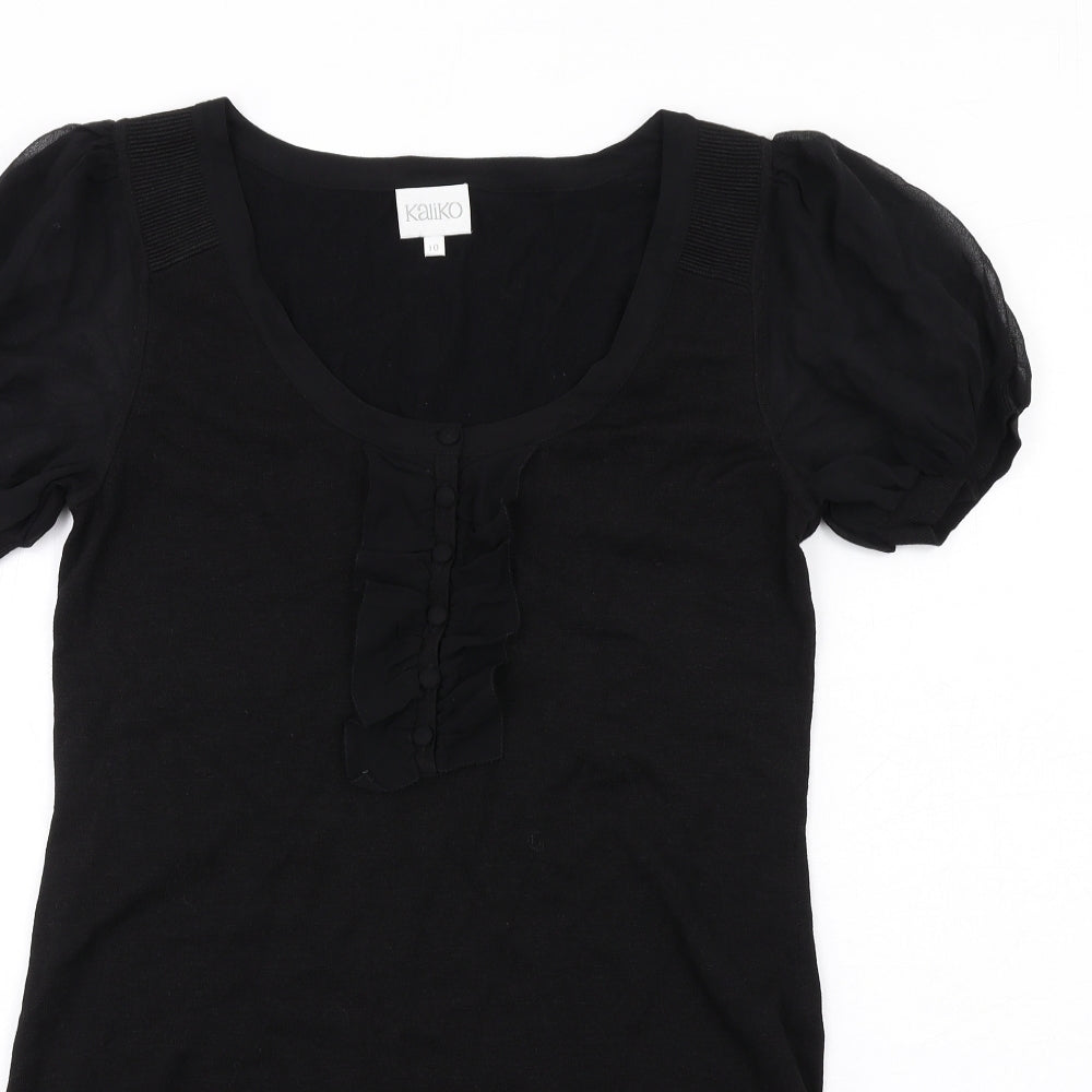 Kaliko Womens Black Silk Bodycon Size 10 Scoop Neck Pullover - Ruffle