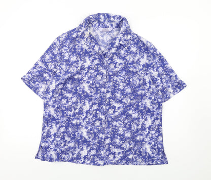 EWM Womens Blue Geometric Polyester Basic Button-Up Size 16 Collared