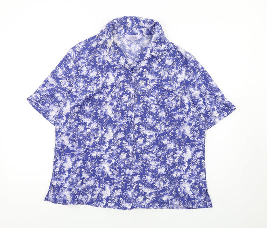 EWM Womens Blue Geometric Polyester Basic Button-Up Size 16 Collared