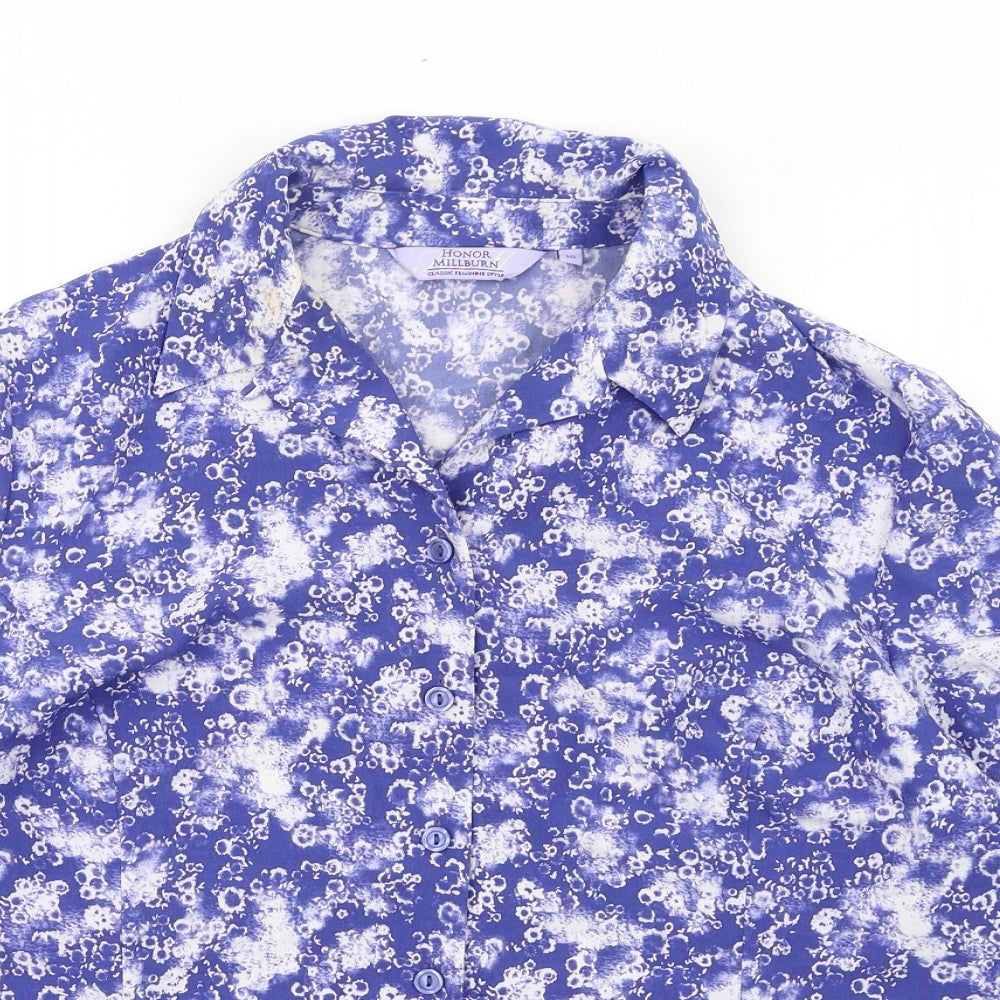 EWM Womens Blue Geometric Polyester Basic Button-Up Size 16 Collared