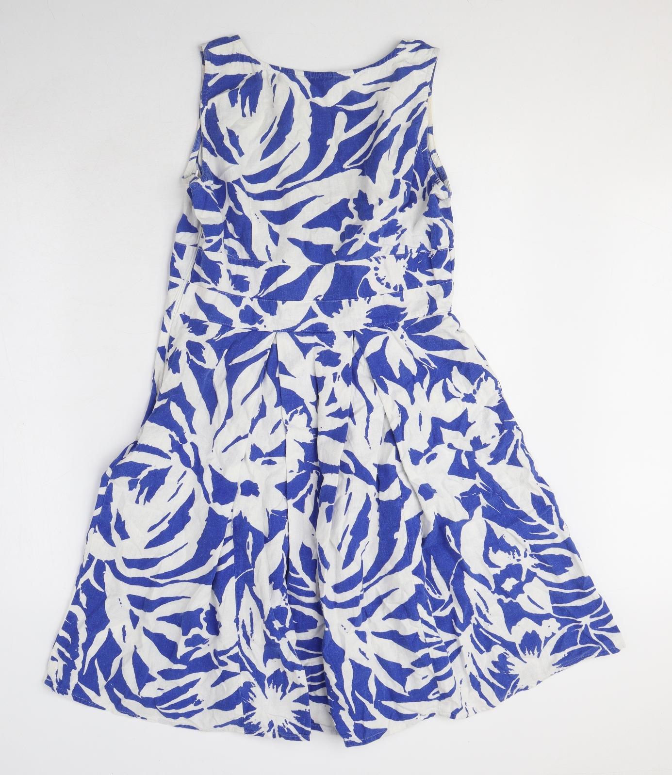Marks and Spencer Womens Blue Geometric Linen A-Line Size 8 V-Neck Zip