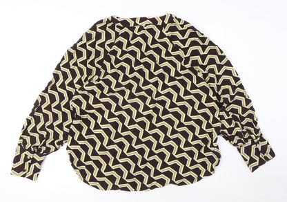 Autograph Womens Brown Geometric Viscose Basic Blouse Size 14 Round Neck