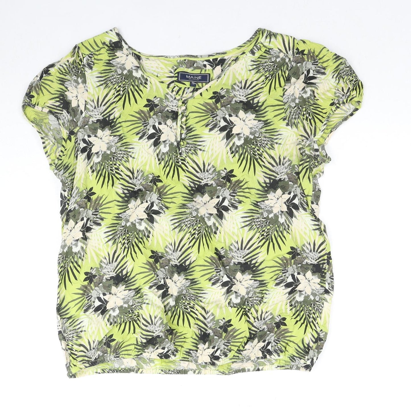 Maine Womens Green Floral Cotton Basic T-Shirt Size 10 V-Neck