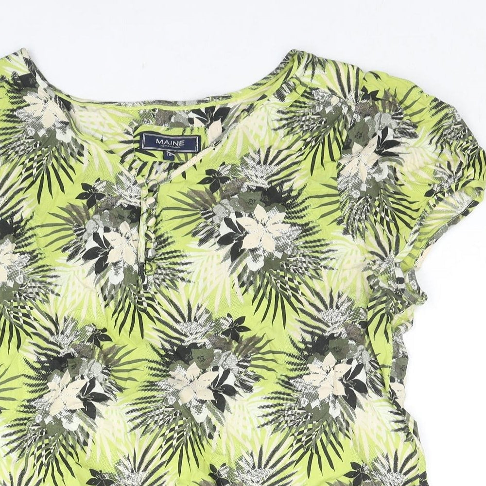 Maine Womens Green Floral Cotton Basic T-Shirt Size 10 V-Neck