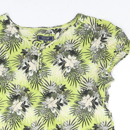 Maine Womens Green Floral Cotton Basic T-Shirt Size 10 V-Neck