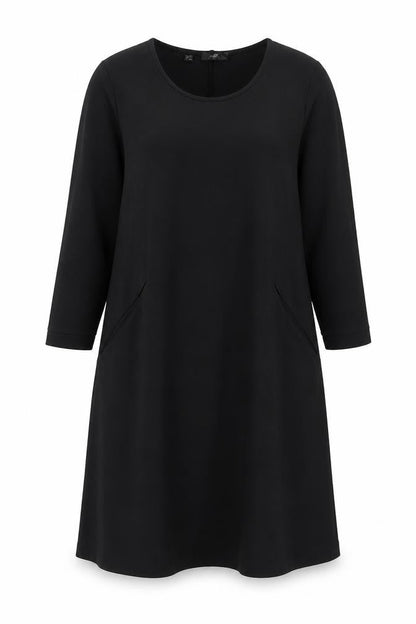 Front view of BPC Collection women’s black polyester a-line, size M, round neck pullover