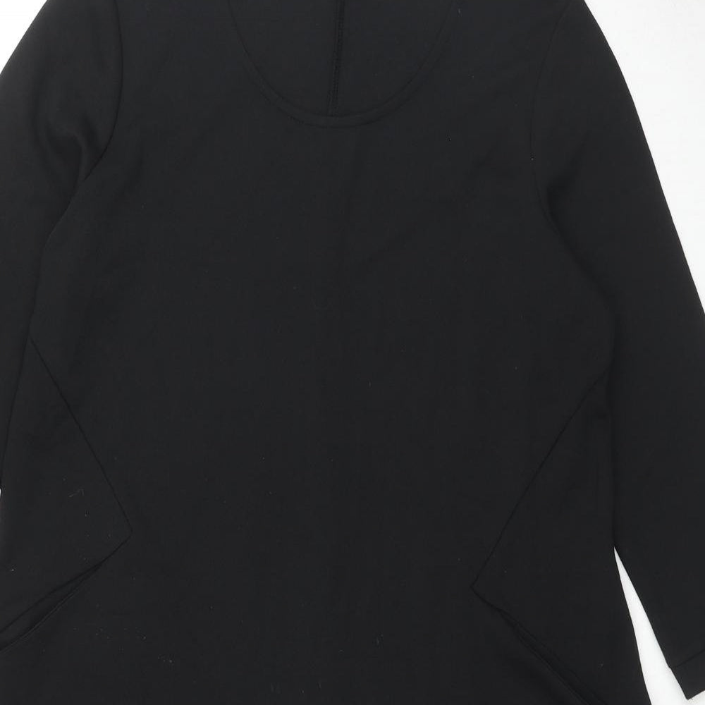 Close-up detail of BPC Collection women’s black polyester a-line, size M, round neck pullover