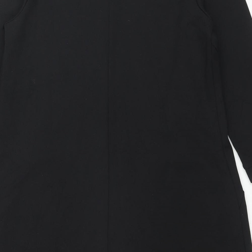 Brand and care label for BPC Collection women’s black polyester a-line, size M, round neck pullover