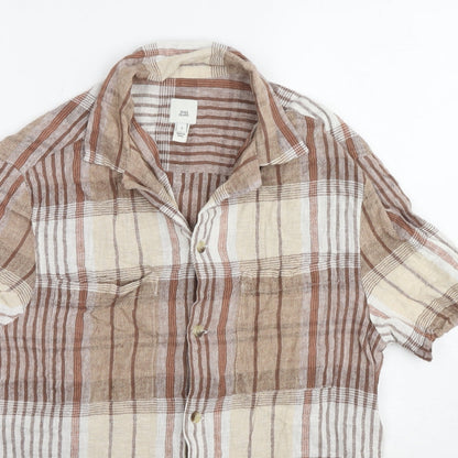 River Island Mens Beige Check Cotton Button-Up Size S Collared Button
