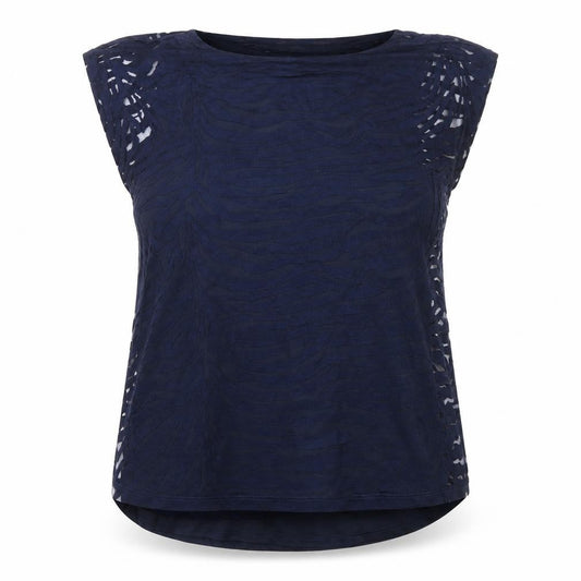 Front view of Soon women’s blue animal print viscose basic blouse, size UK 14, round neck