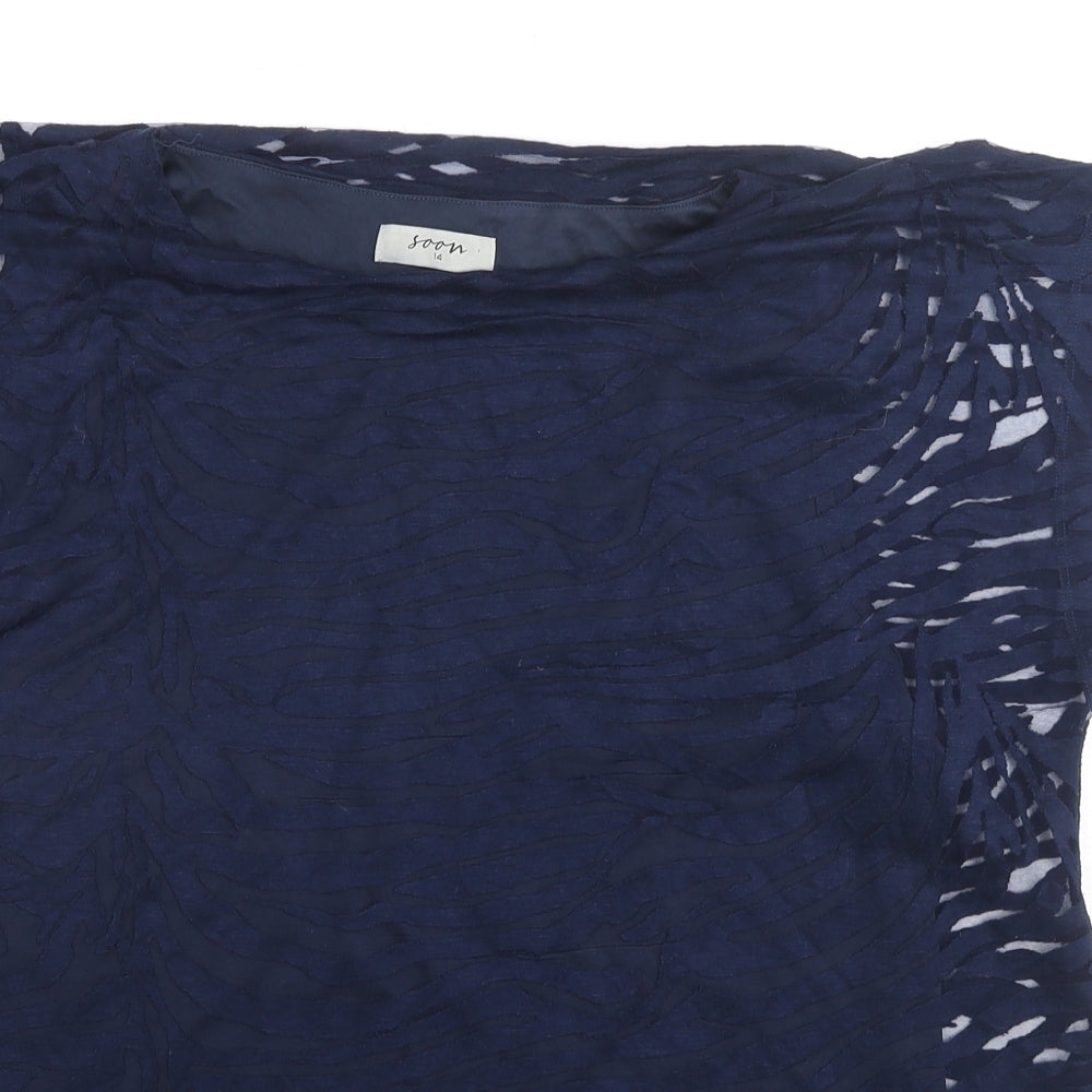 Soon Womens Blue Animal Print Viscose Basic Blouse Size 14 Round Neck