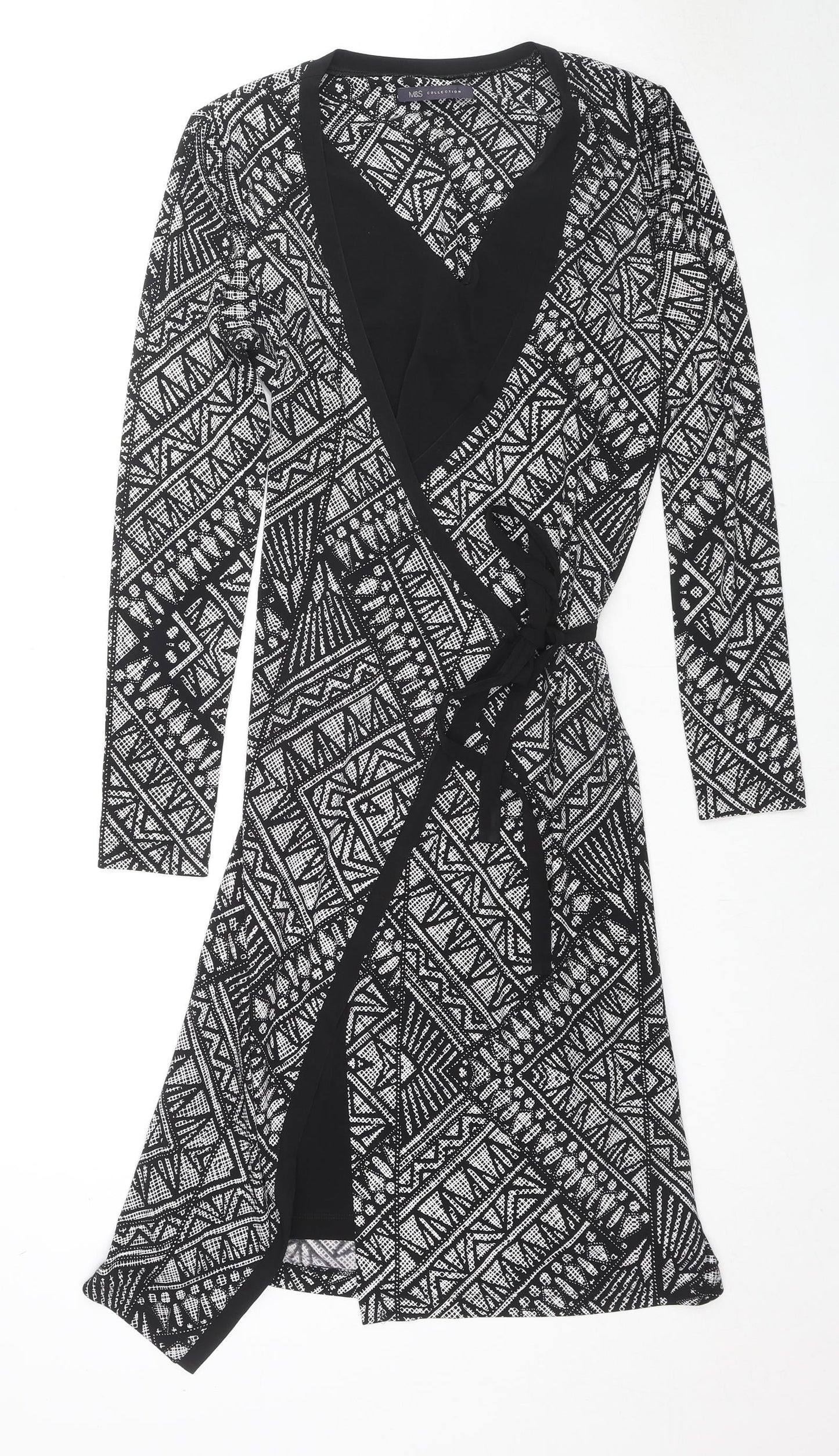 Marks and Spencer Womens Black Geometric Polyester Wrap Dress Size 10 V-Neck Pullover