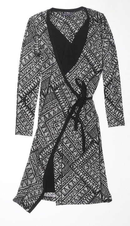 Marks and Spencer Womens Black Geometric Polyester Wrap Dress Size 10 V-Neck Pullover