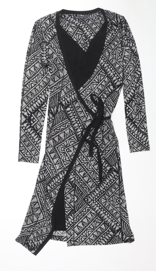 Marks and Spencer Womens Black Geometric Polyester Wrap Dress Size 10 V-Neck Pullover