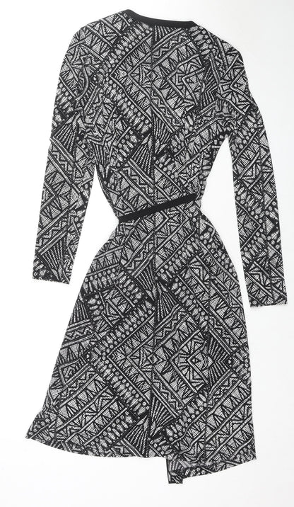 Marks and Spencer Womens Black Geometric Polyester Wrap Dress Size 10 V-Neck Pullover