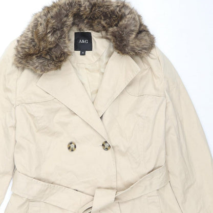 A&G Womens Beige Trench Coat Coat Size S Button - Faux Fur Trim