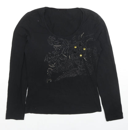 Airfield Womens Black Cotton Basic Blouse Size 12 Scoop Neck - Jeweled Detail