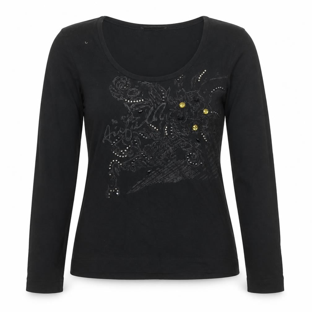 Airfield Womens Black Cotton Basic Blouse Size 12 Scoop Neck - Jeweled Detail