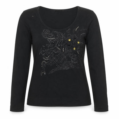Airfield Womens Black Cotton Basic Blouse Size 12 Scoop Neck - Jeweled Detail