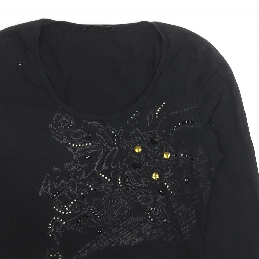 Airfield Womens Black Cotton Basic Blouse Size 12 Scoop Neck - Jeweled Detail