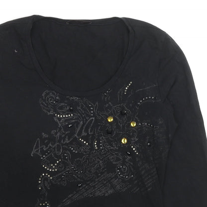 Airfield Womens Black Cotton Basic Blouse Size 12 Scoop Neck - Jeweled Detail