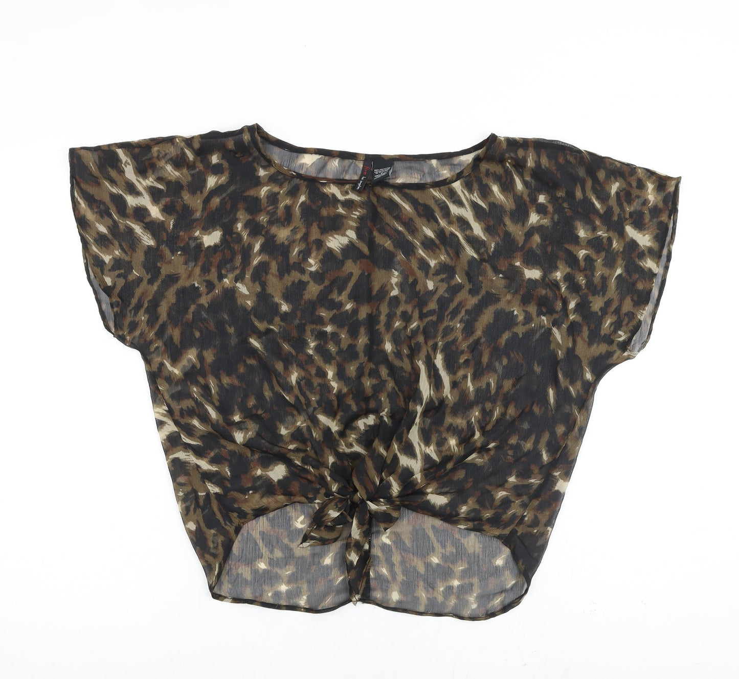 Fire Womens Brown Animal Print Polyester Basic Blouse Size S Round Neck