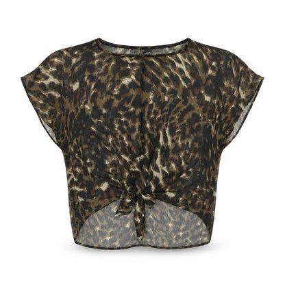 Fire Womens Brown Animal Print Polyester Basic Blouse Size S Round Neck