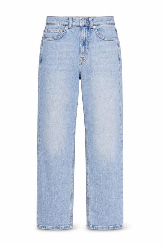 Front view of ASOS women’s blue cotton straight jeans, size UK 24, in, 32-inch leg regular zip